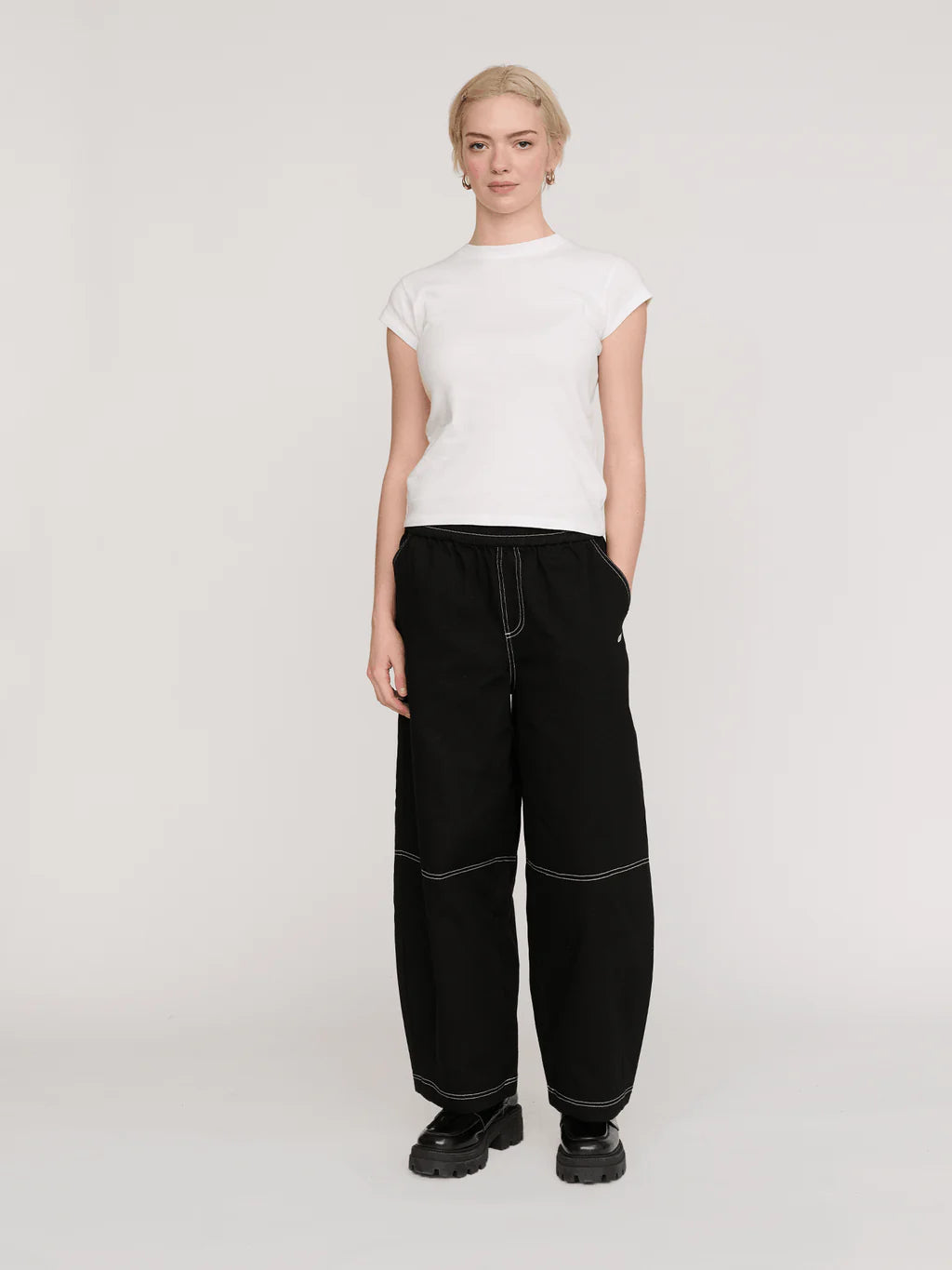 Bev Black Contrast Stitch Barrel Trousers