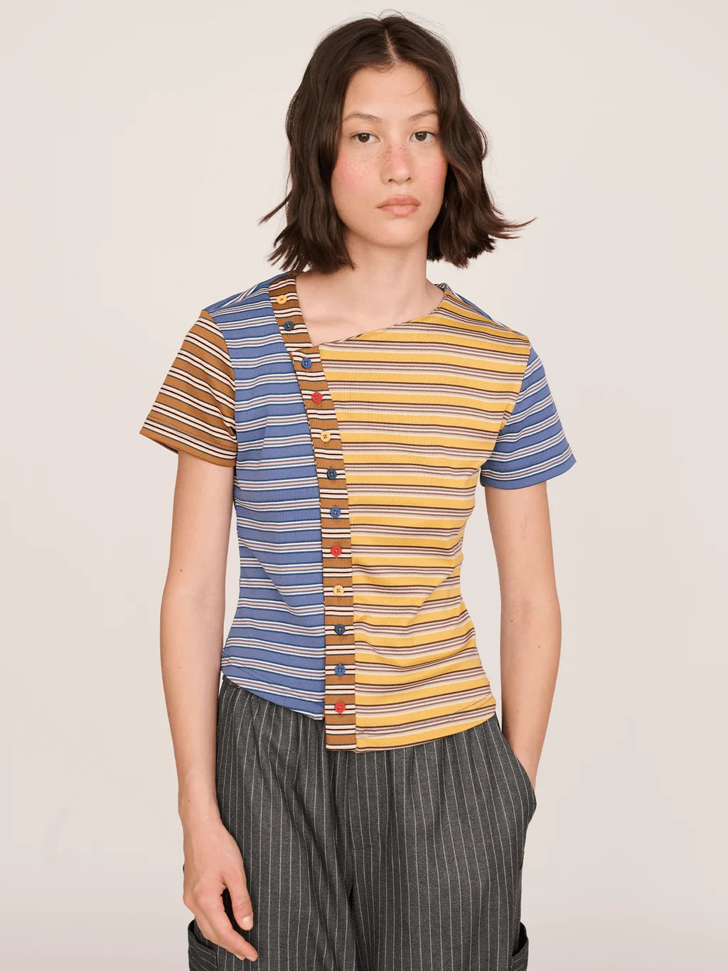 Asymmetric Button Stripe Top