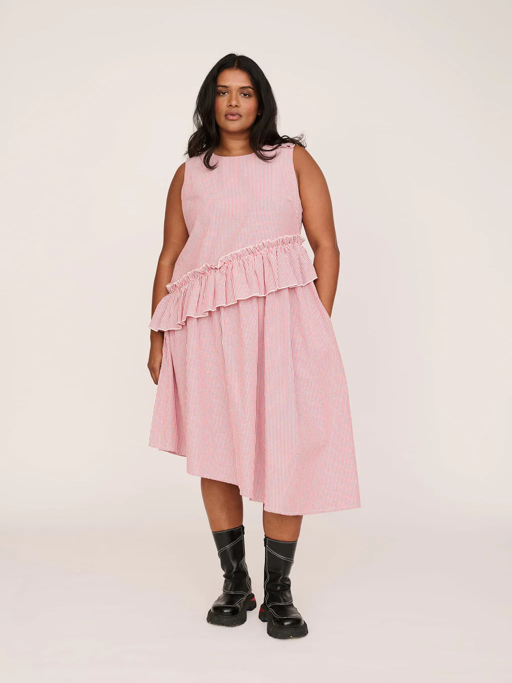 Asymmetric Pinstripe Midi Dress