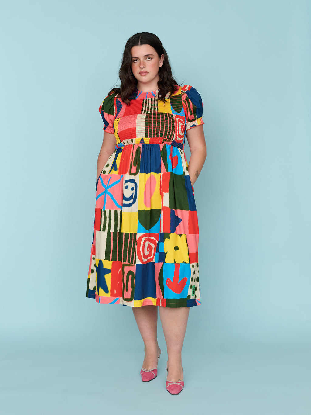 Abstract Shirred Dress