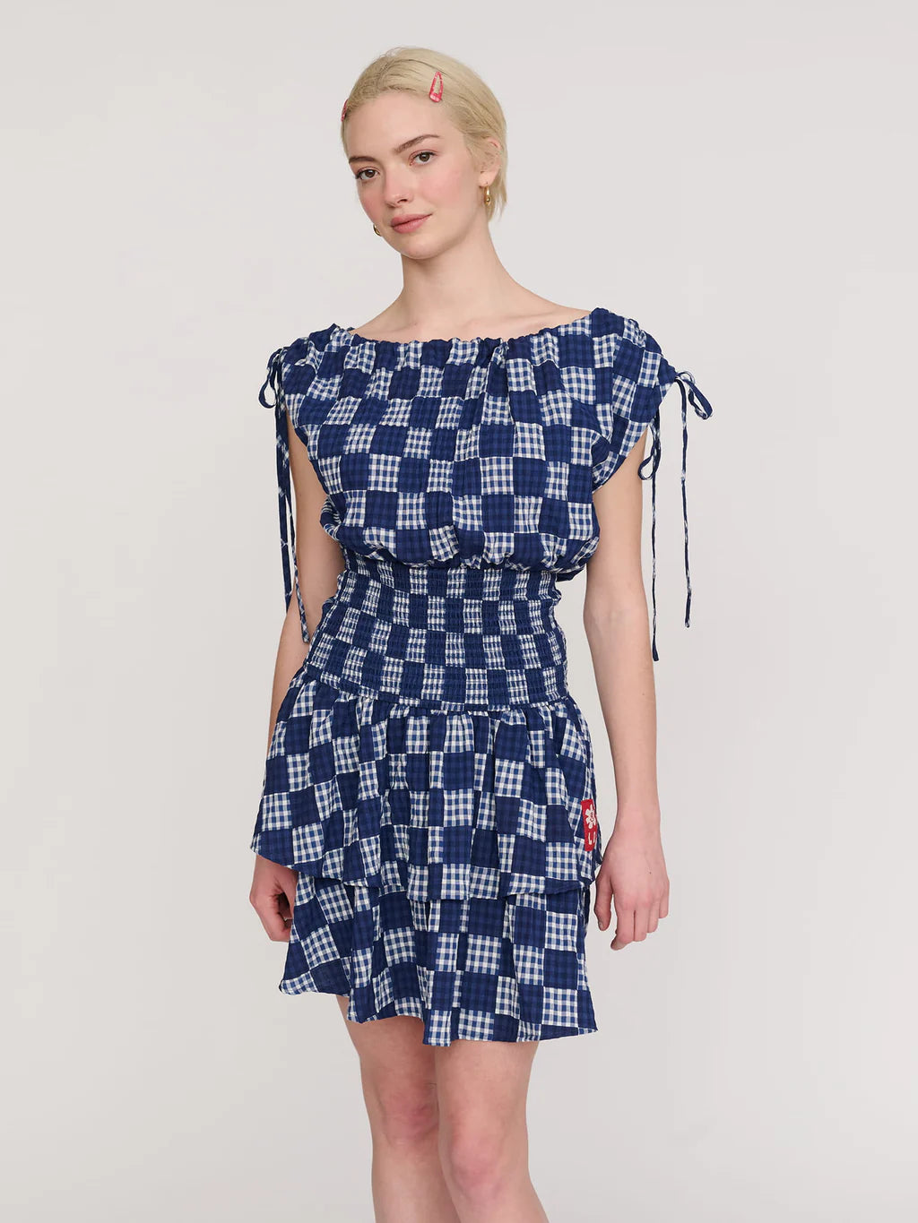 Gingham Shirred Mini Dress