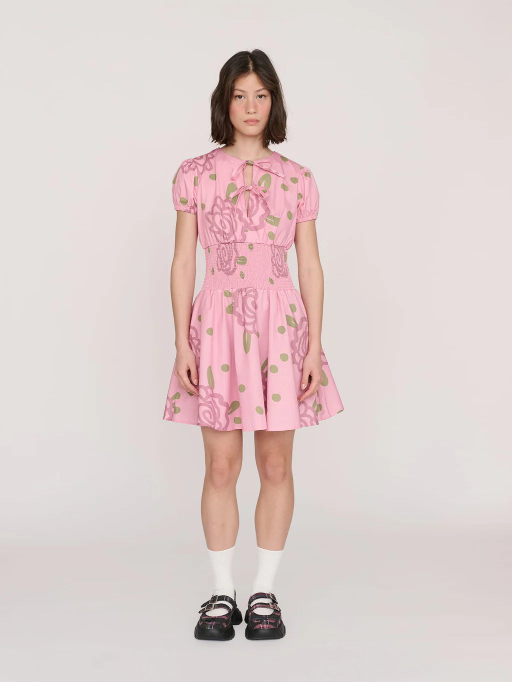 Shirred Floral Mini Dress